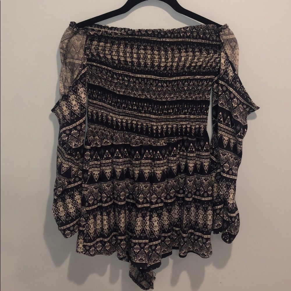 Off the shoulder patterned long sleeve romper